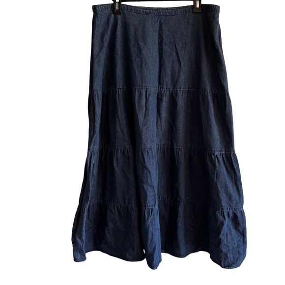 Hannah Dresses & Skirts - Denim Maxi Skirt XL Long Tiered Boho Modest Prairie Cottagecore Cotton Pull On